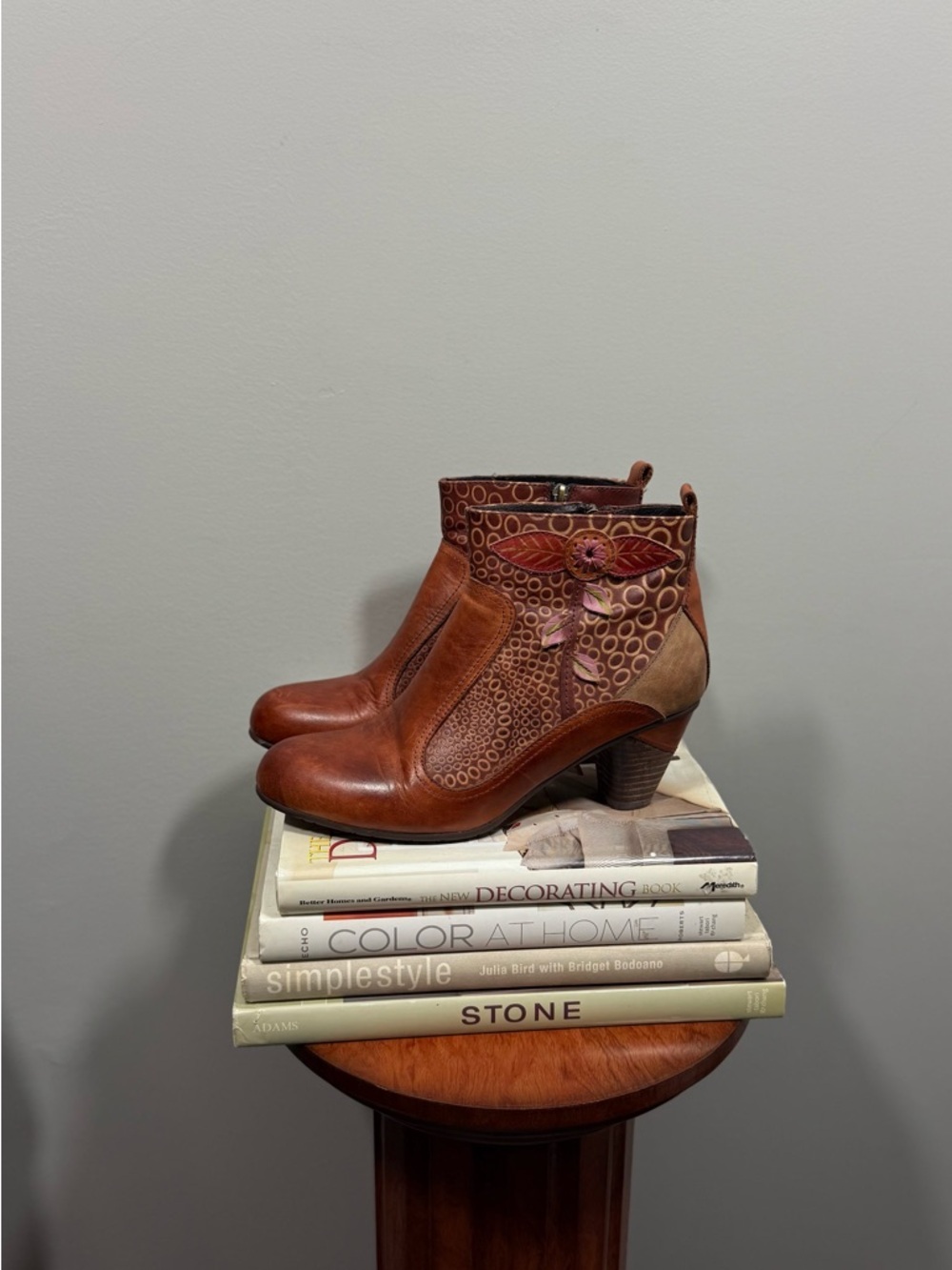 Women's Cognac Leather Ankle Booties with Decorative Cutouts